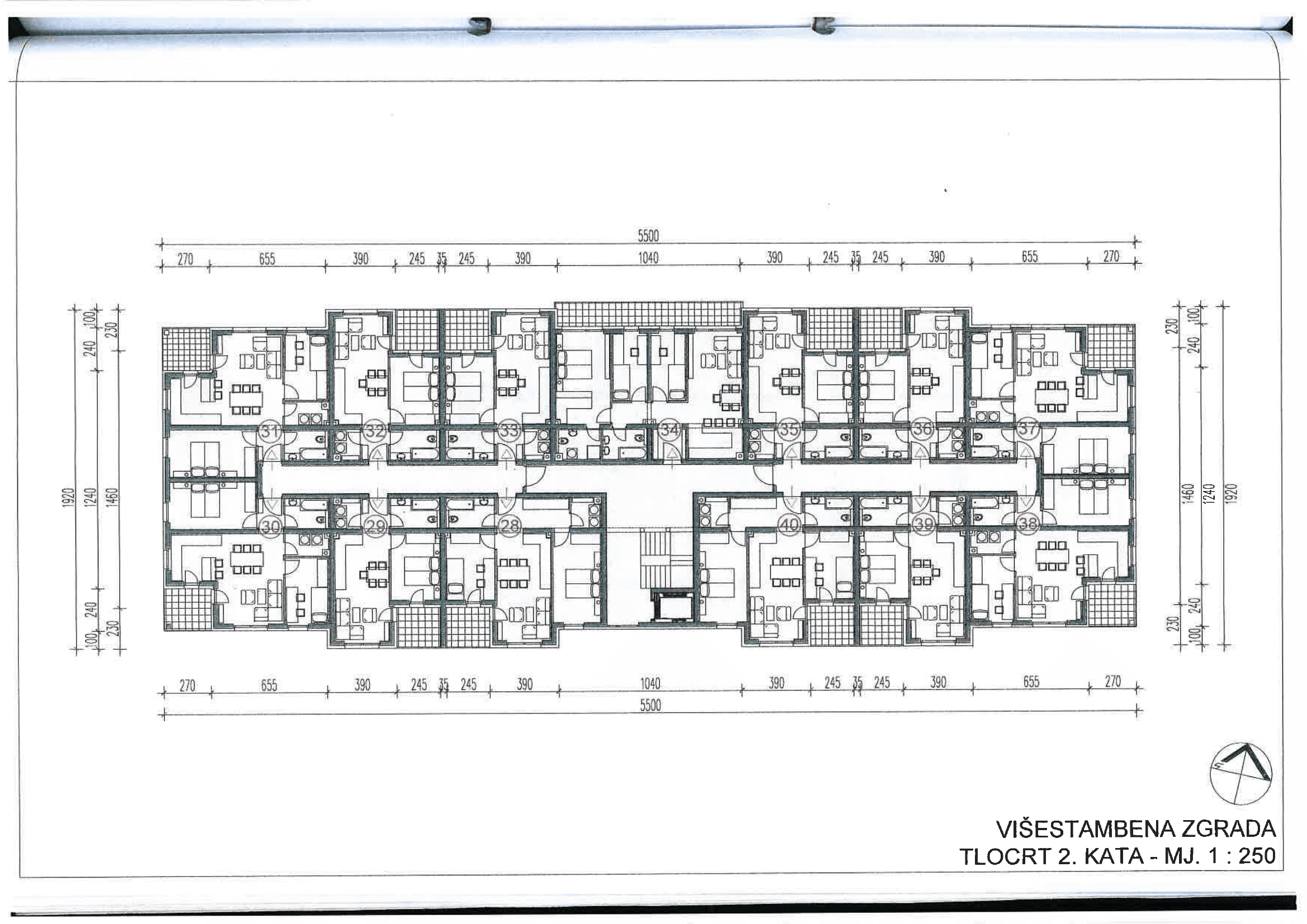 Tlocrt drugog kata, Novogradnja Zagrebačka 127 Varaždin, 13 stanova, mjerilo 1:250