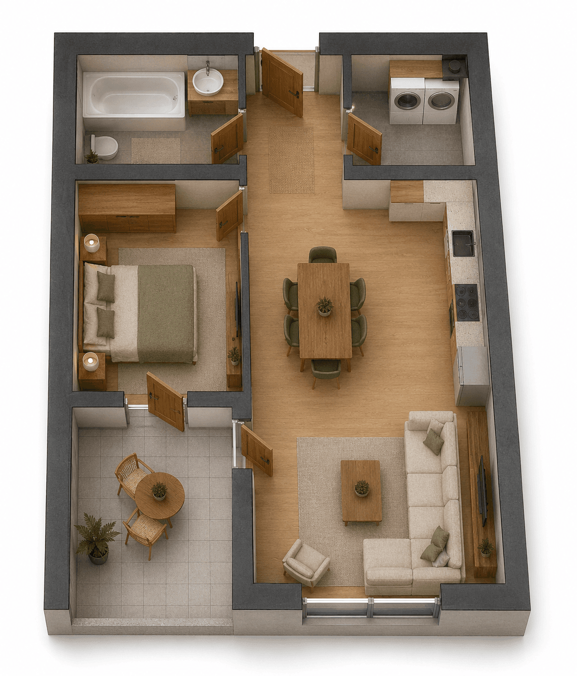 3D vizualizacija rasporeda, Stan 12, prizemlje, 1-sobni stan 43,7 m², Novogradnja Zagrebačka 127 Varaždin