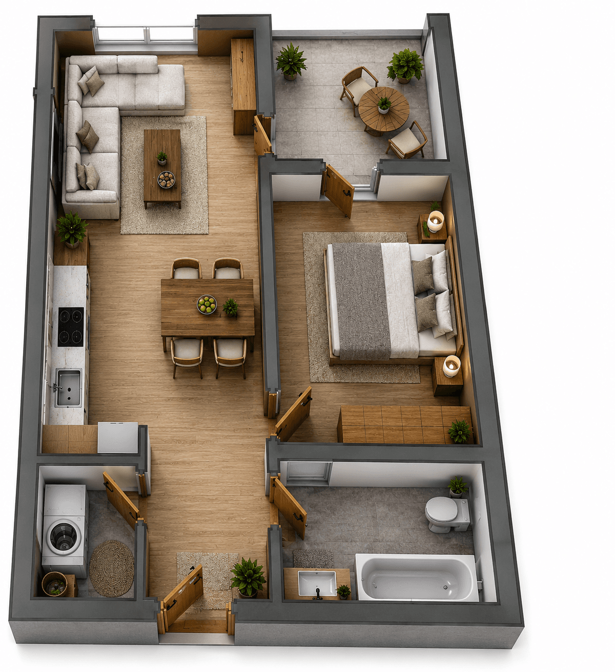 3D vizualizacija rasporeda, Stan 22, 1. kat, 1-sobni stan 43,7 m², Novogradnja Zagrebačka 127 Varaždin