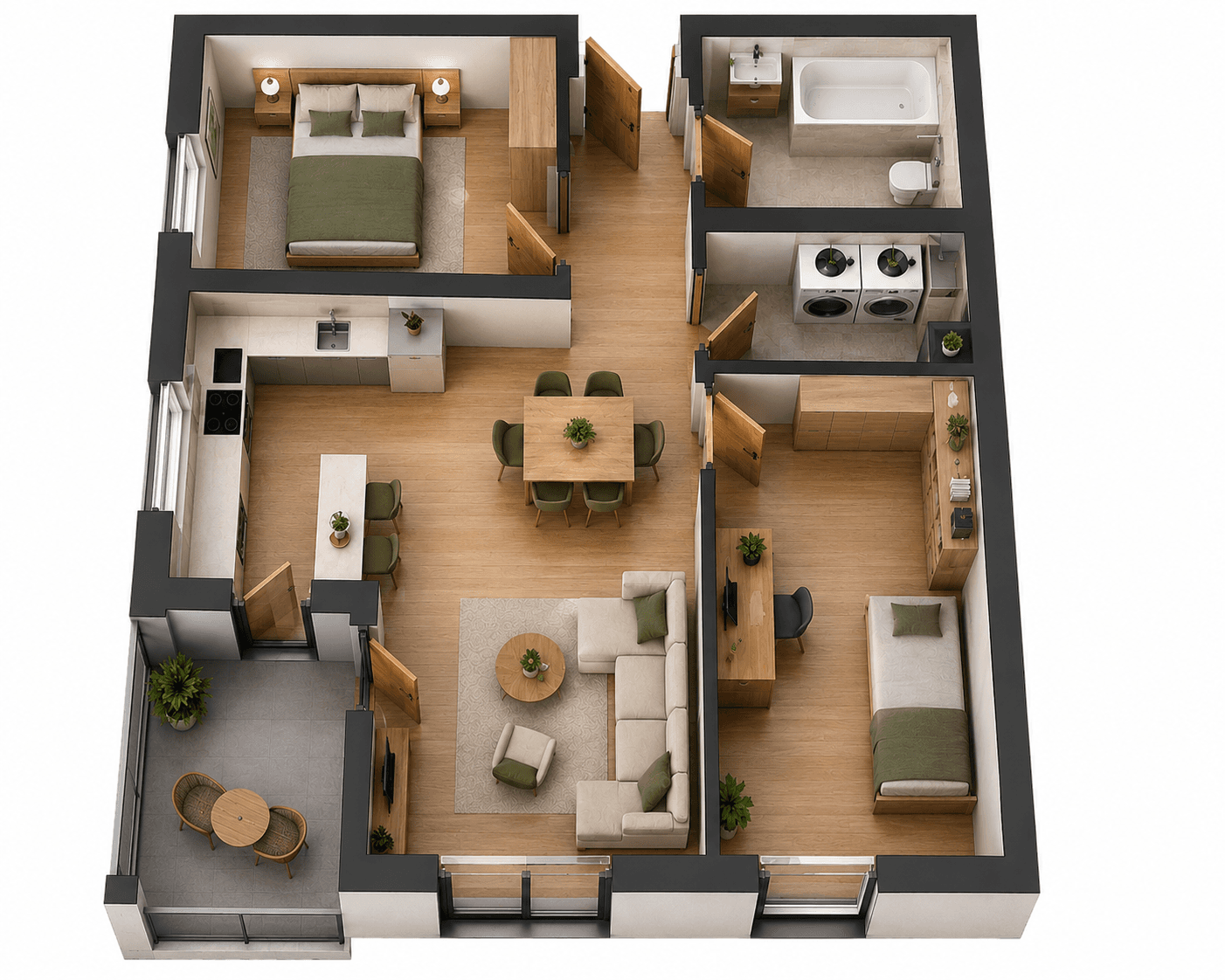 3D vizualizacija rasporeda, Stan 30, 2. kat, 2-sobni stan 63,55 m², Novogradnja Zagrebačka 127 Varaždin