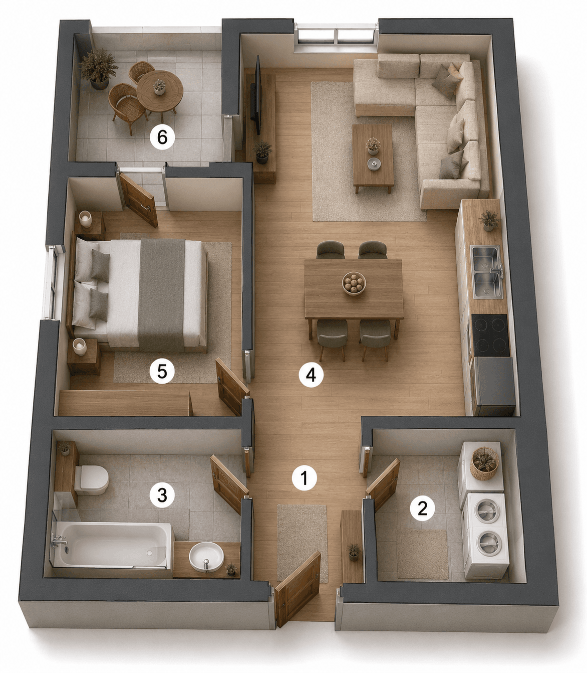 3D vizualizacija rasporeda, Stan 36, 2. kat, 1-sobni stan 43,7 m², Novogradnja Zagrebačka 127 Varaždin